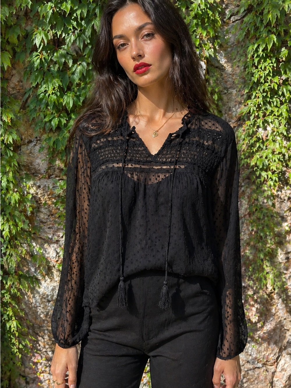 JACQUELINE DE YONG Black Dotted Swiss Semi Sheer Chiffon Blouse, EU40/US M